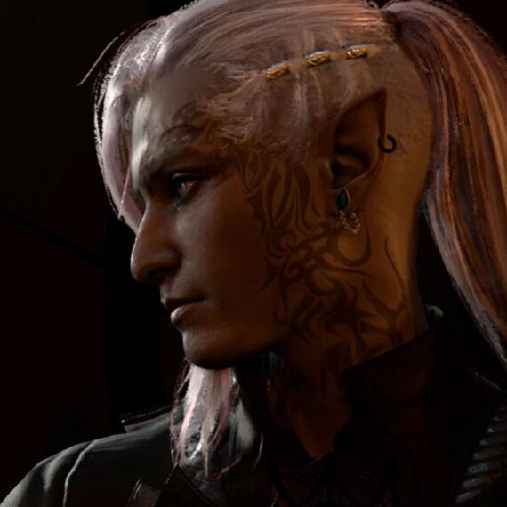 A side-profile headshot of a half-drow from baldur's gate 3 with tattoos framing his jawline down his neck, pierced ears, and light pink hair